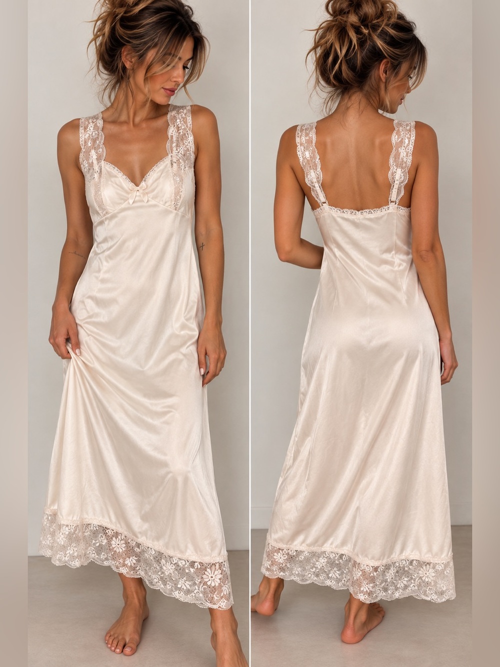 Vintage Bali Size 32 Ivory Satin Lace Full Slip Nightgown Antron Nylon Old Money